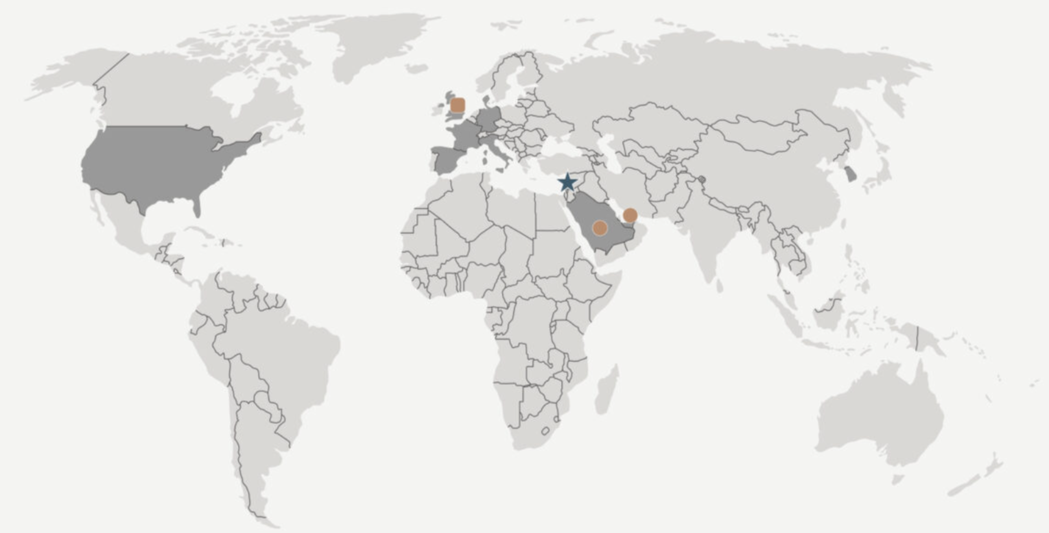 Map of L-Pharm locations: Beirut headquarters in Lebanon, UK office and agents in Dubai and Saudi Arabia